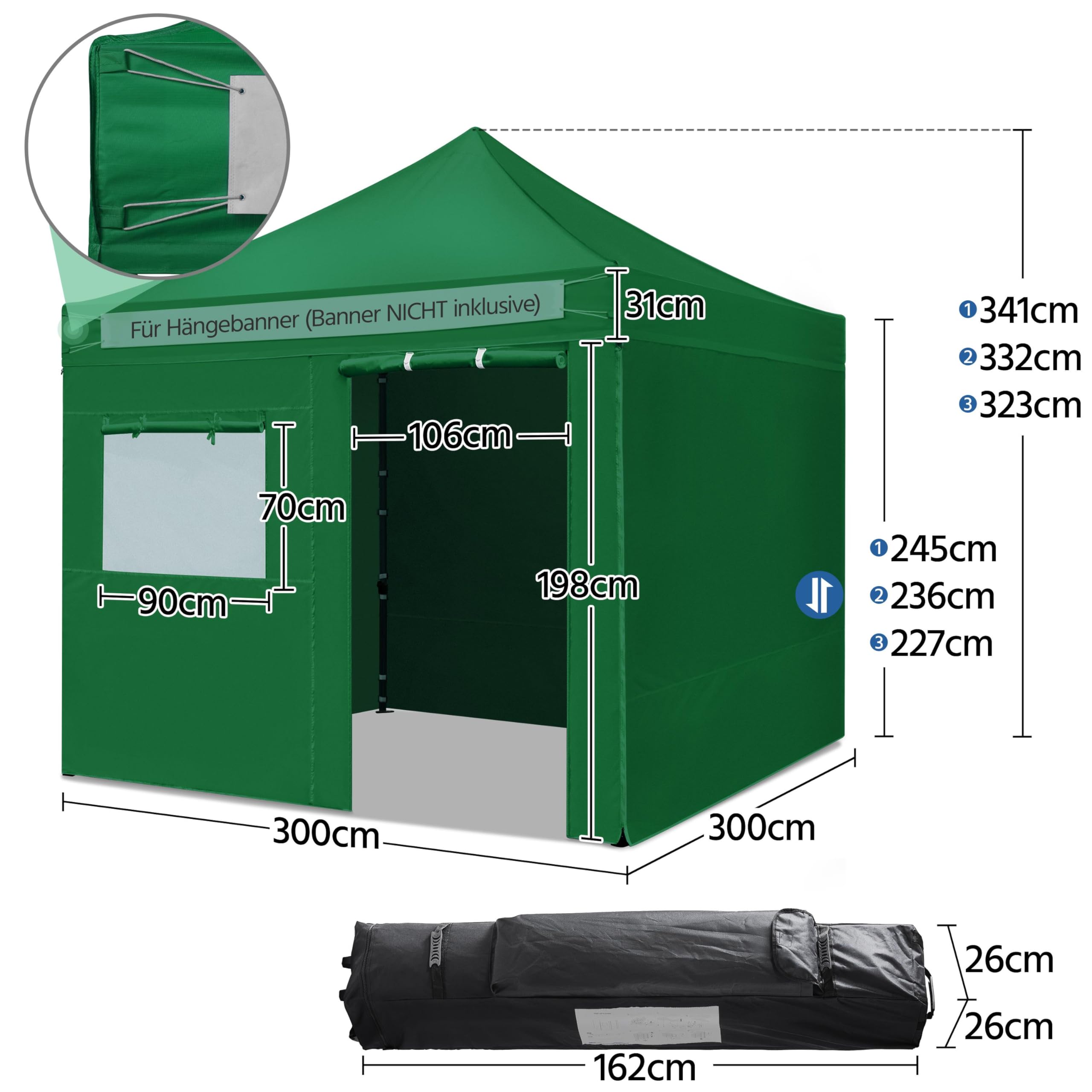 Yaheetech Vouwpaviljoen, 3 x 3 m, met 4 zijwanden, waterdicht, stabiel, winterbestendig, pop-up paviljoen, 323/332/341 cm, in hoogte verstelbaar, opvouwbare tent met zijpanelen, uv-bescherming 50