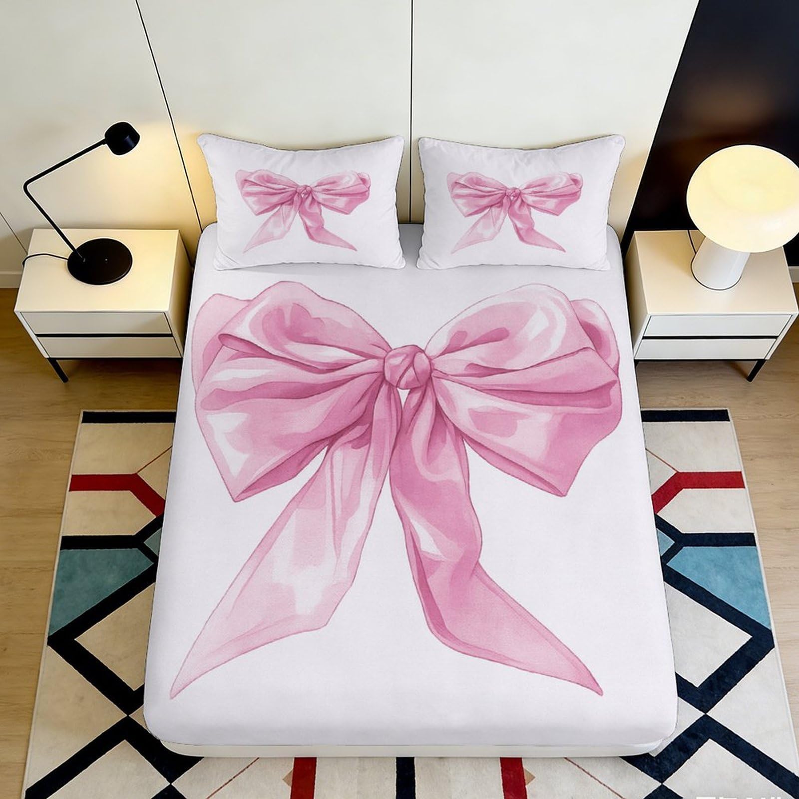3D Printed Pink Bow Fitted Sheet Microfiber Soft Breathable Ribbon Bed Sheet with Mattress Cover for Bedroom Dormitory Guest Room Protection Decoration 200x200x25cm