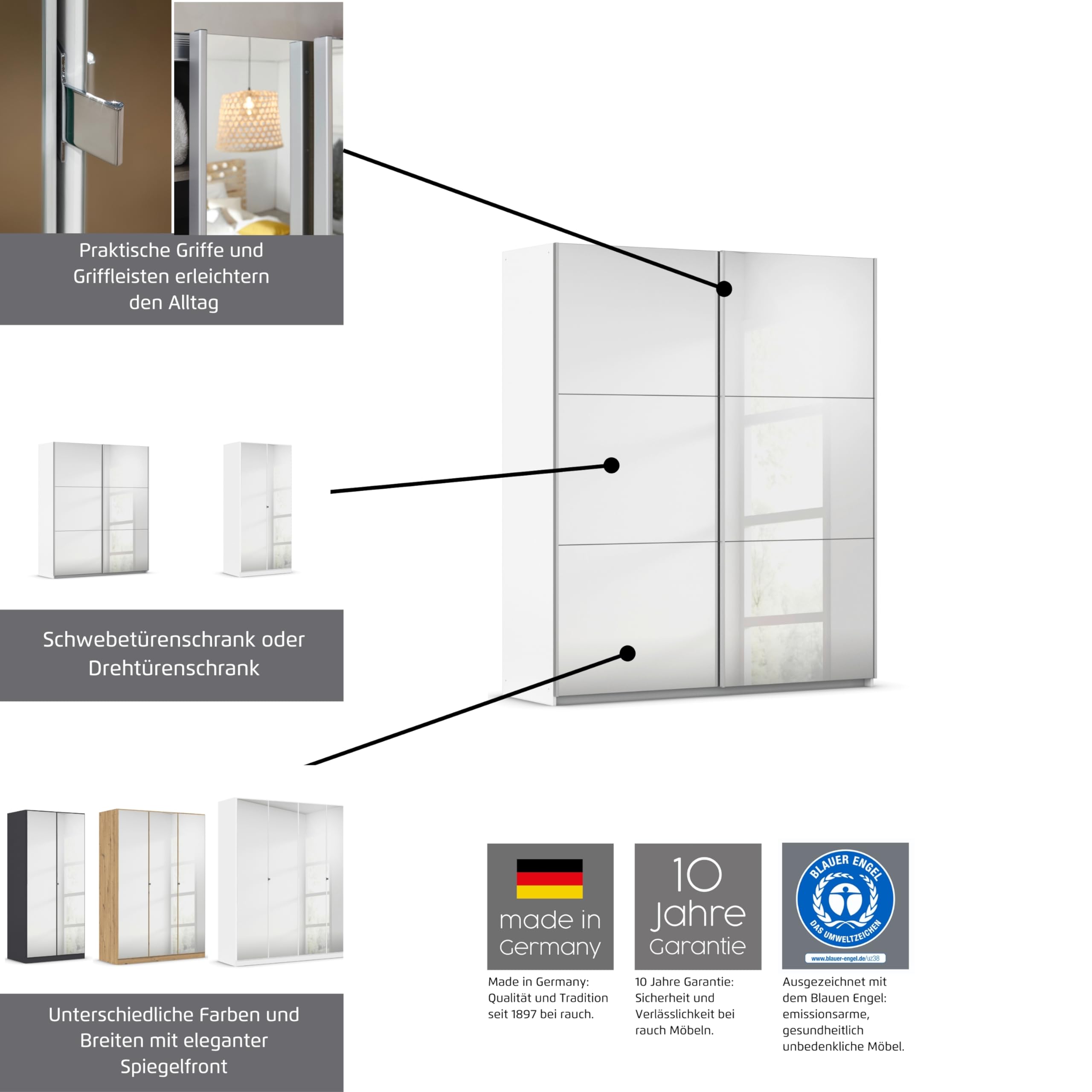 Rauch Möbel Reflect, Schwebetürenschrank, Farbe Weiß, Breite 175 cm | Kleiderschrank mit Schwebetüren, Schiebetüren, 2-türig, mit Spiegel, für Schlafzimmer, Jugendzimmer, Homeoffice, Garderobe