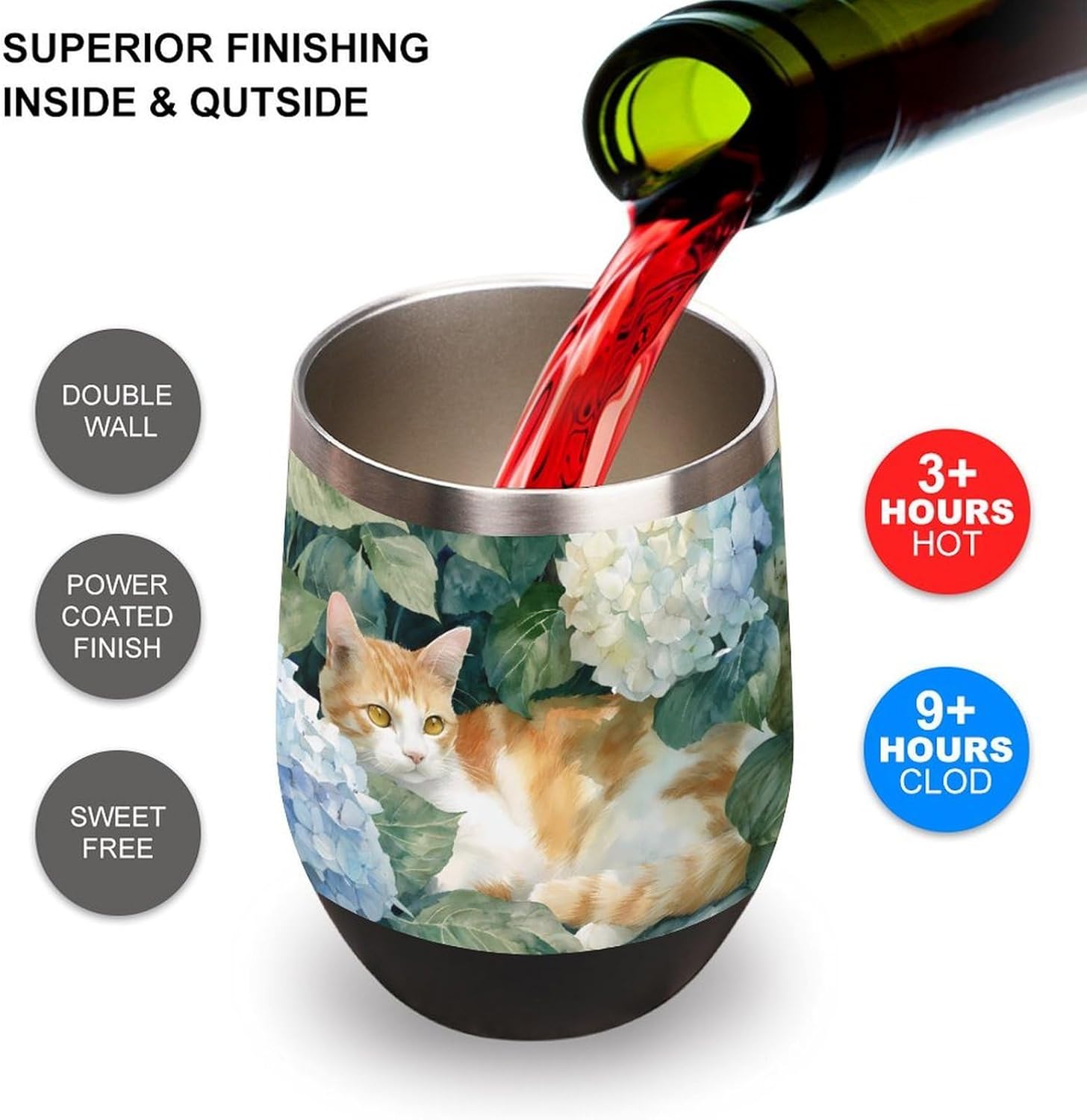 Cat Hydrangeas Flower Insulated Drinking Cup Stainless Steel Coffee Mug Wine Tumbler with Lid 12OZ