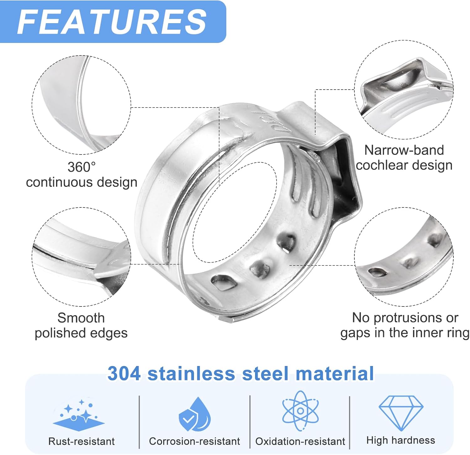 50Pcs Single Ear Clamp 12.8-15.2mm Stainless Steel 304 Polished Notchless for Automotive Pipe Fittings Wiring Appliances and Pipes, Silver
