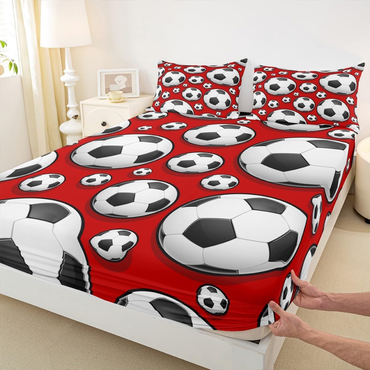 Football Bedding Sheet for Girls Boys Children Sports Theme Fitted Sheet Soccer Ball Red Pattern Bed Sheet Set Room Decor Competitive Games Comforter Cover 3D America Football Twin Size 2Pcs