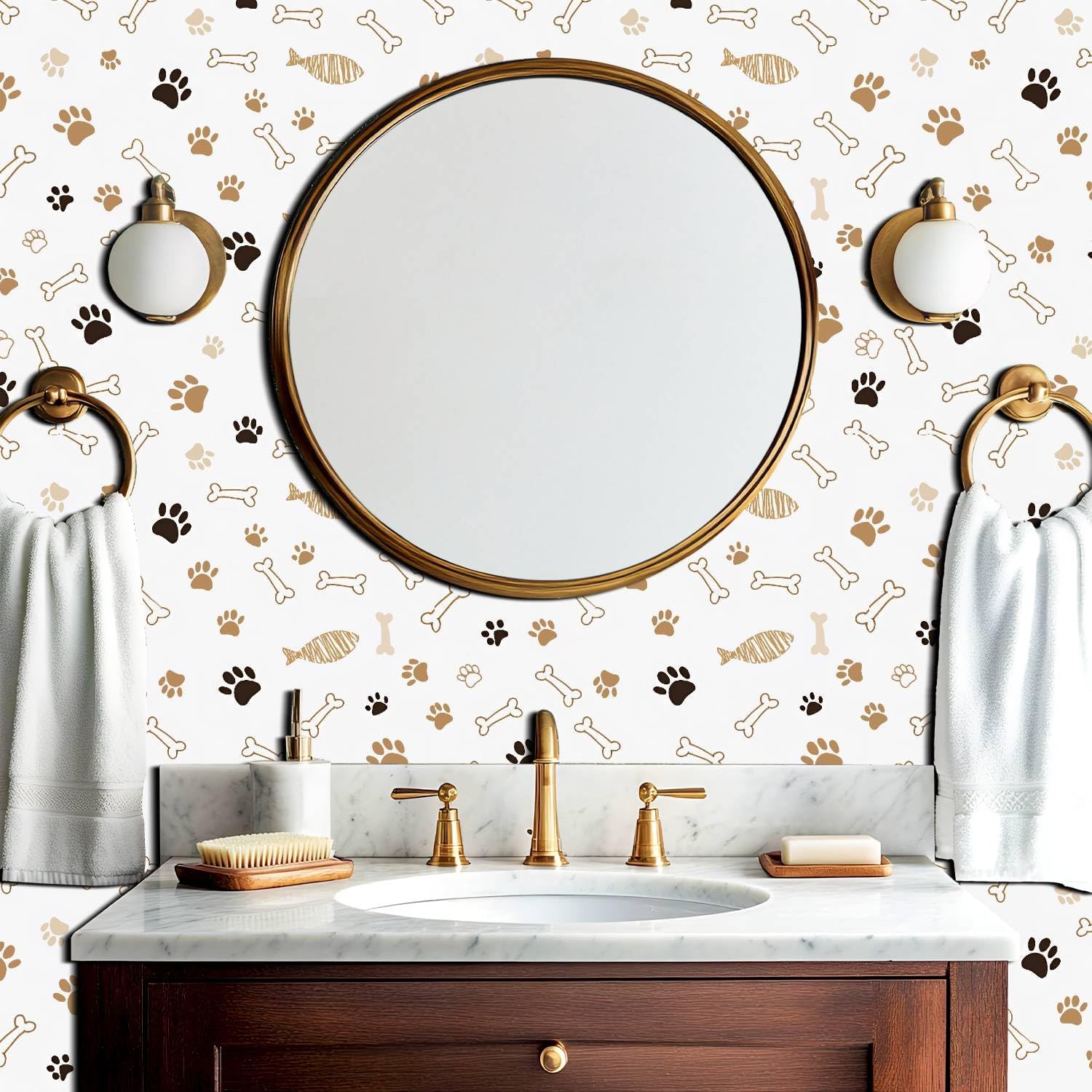 Peel and Stick Wallpaper Wall Decor Contact Paper Removable Wall Paper Cute Paw Prints Bones Warm Earth Tones for Classroom Bedroom Desk Cabinets Drawers Kitchen