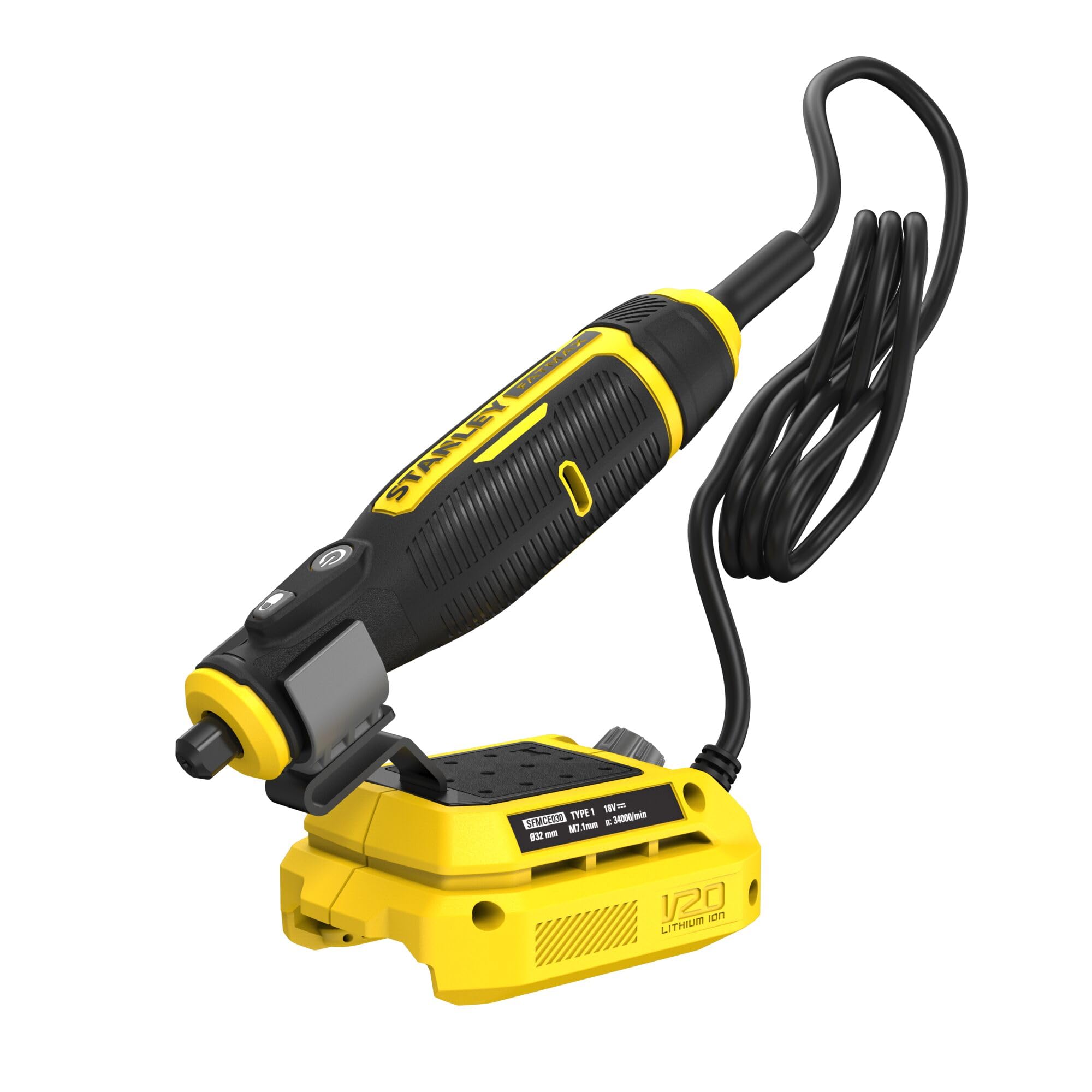 Stanley Mini-herramienta V20 Li-ION 18V, velocidad Variable 6.700-34.000 RPM, pinza universal de 3.2 mm, longitud cable 120 cm. Sin batería/cargador para profesionales y manitas