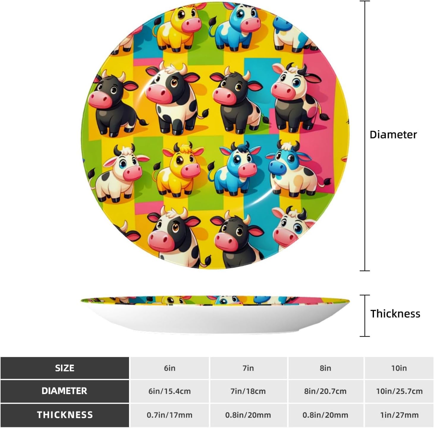Colorful-Cute-Cartoon-Cow 10 Inch Decorative Plate With Stand, Elegant Display Wall Plate For Home Decor