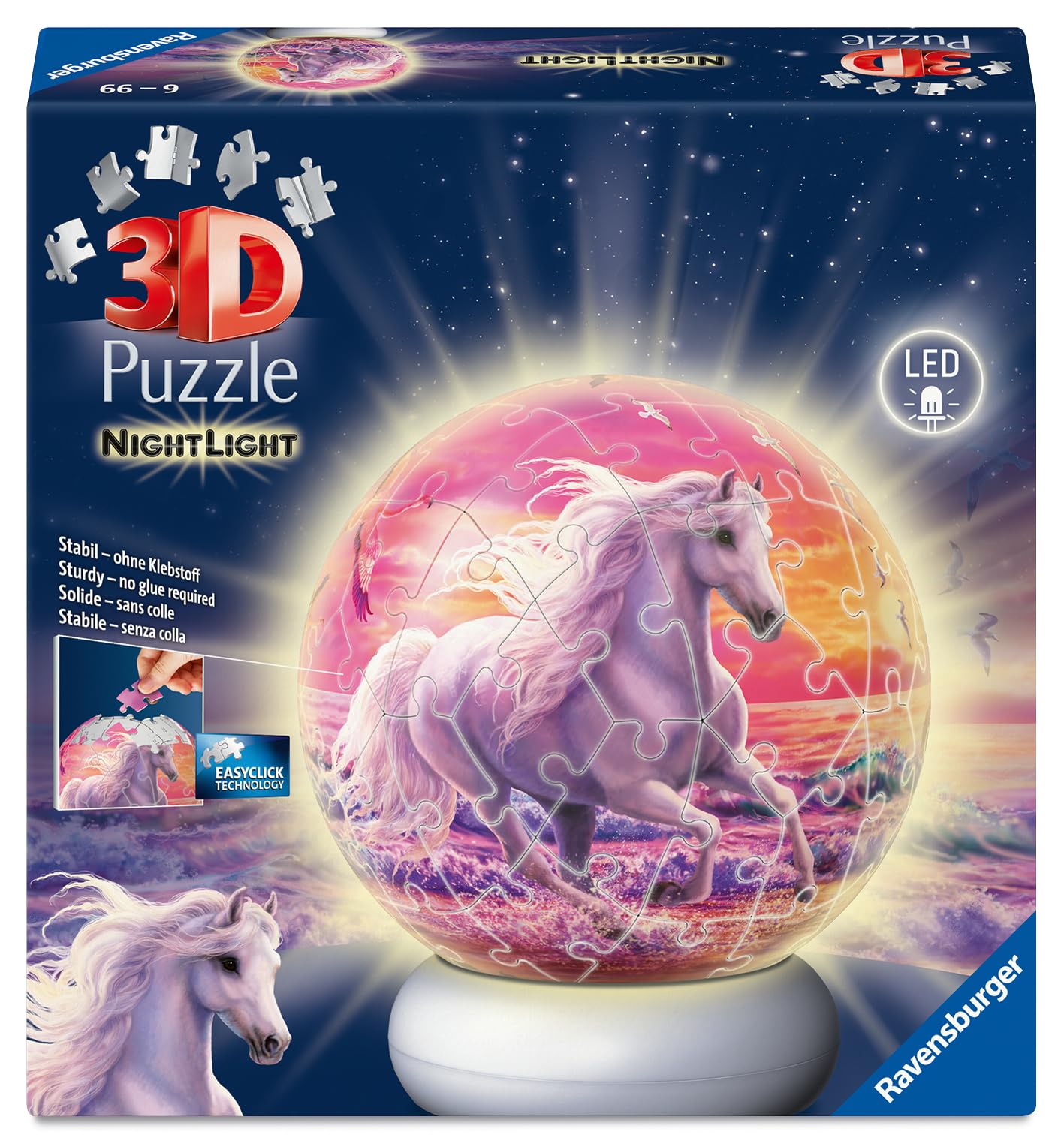 Ravensburger 3D Puzzle Pferde am Strand - 3D Puzzle Kinder ab 6 Jahren - Puzzle-Ball mit LED Nachtlicht als Nachttischlampe für Kinder - Pferde Geschenke für Mädchen und Jungen - 12008054