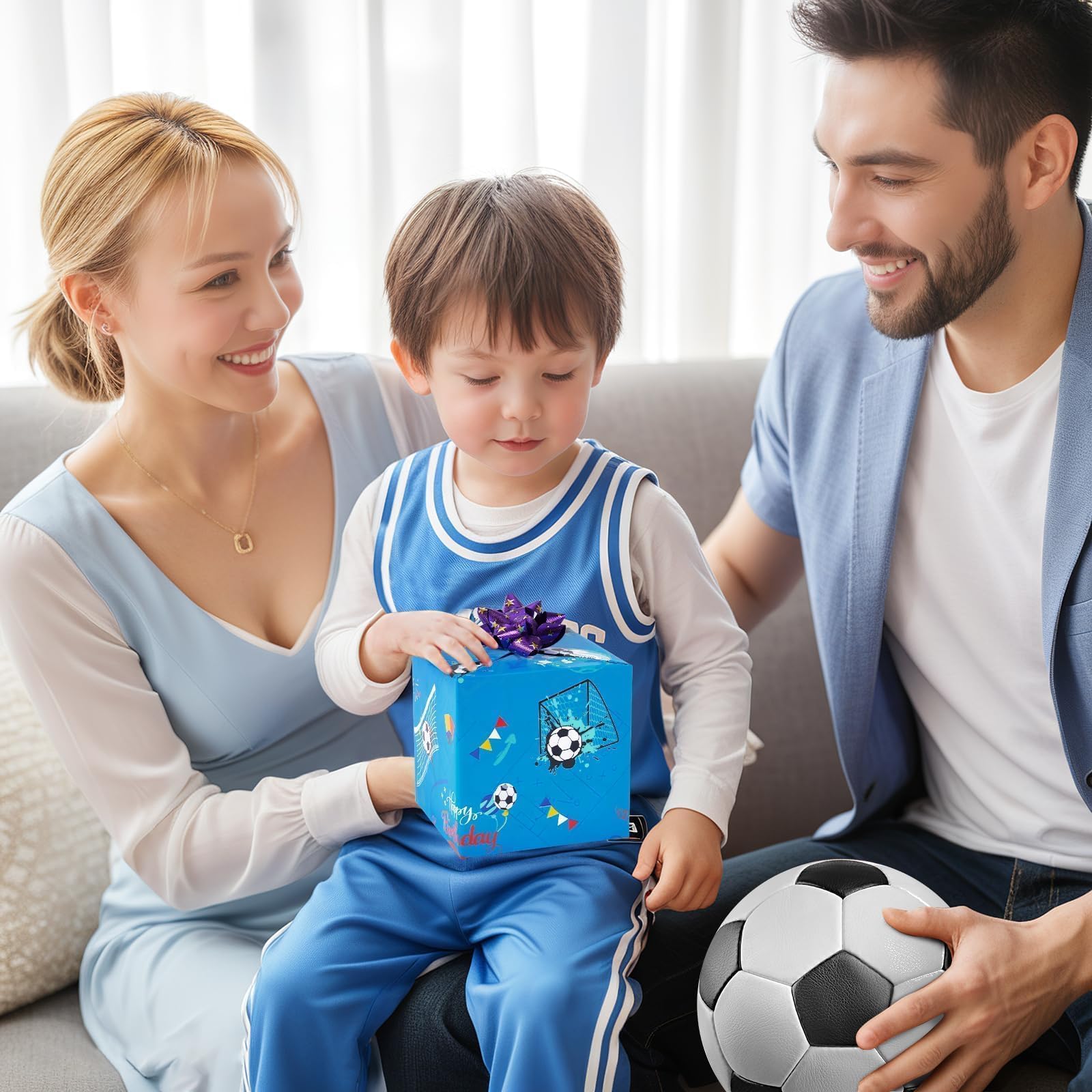WERNNSAI Papel de regalo de fútbol – 1 rollo de papel de regalo de fútbol para cumpleaños de niños, joven, fiesta de cumpleaños de fútbol, decoración azul, papel de regalo deportivo con línea de corte