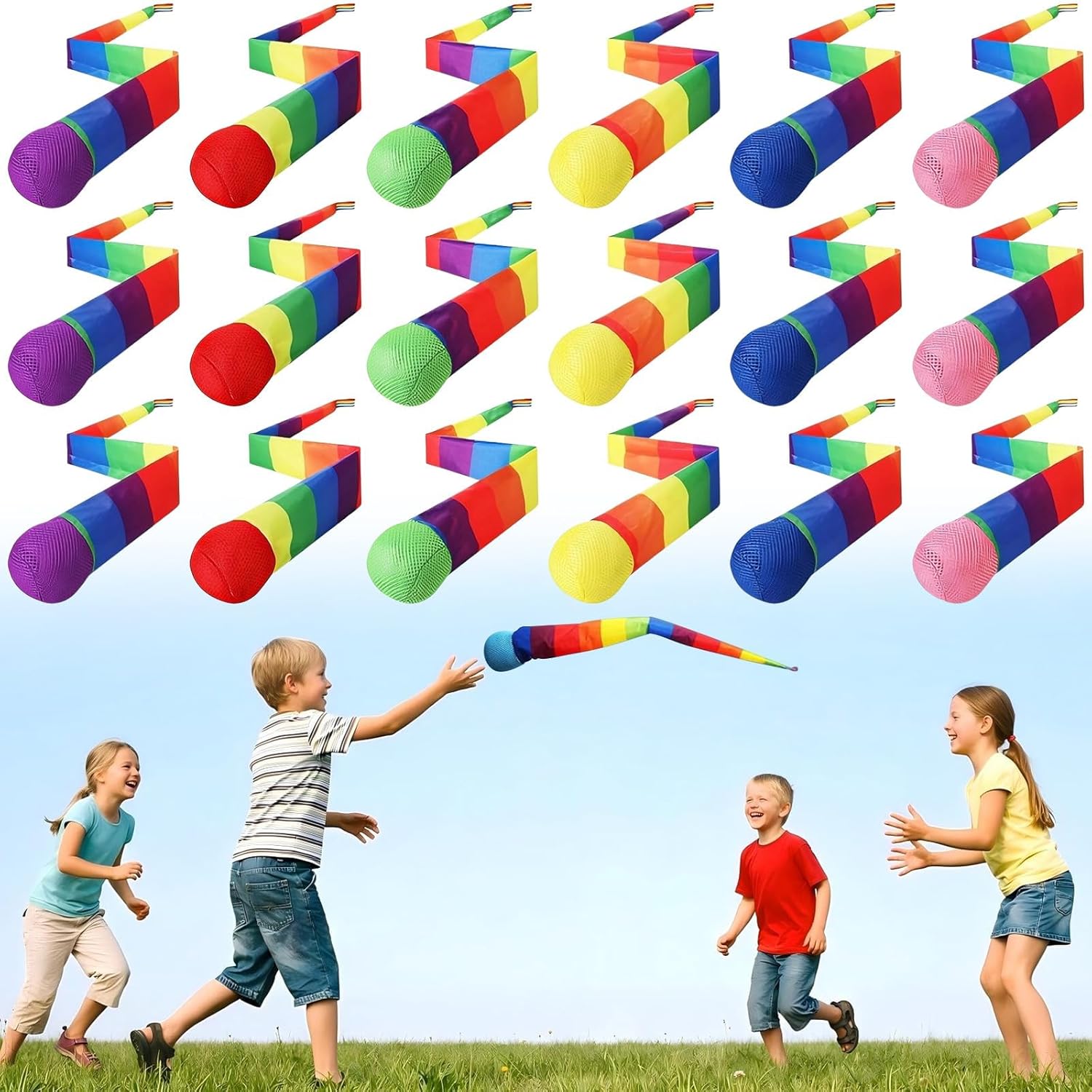 18 Pcs 37.4 Inch Throw and Catch Balls with Rainbow Tail Soft Sports Comet Balls Colorful Playground Toys Bulk for Kids Adults Physical Equipment for Indoor Outdoor School Classroom Beach Fun Games