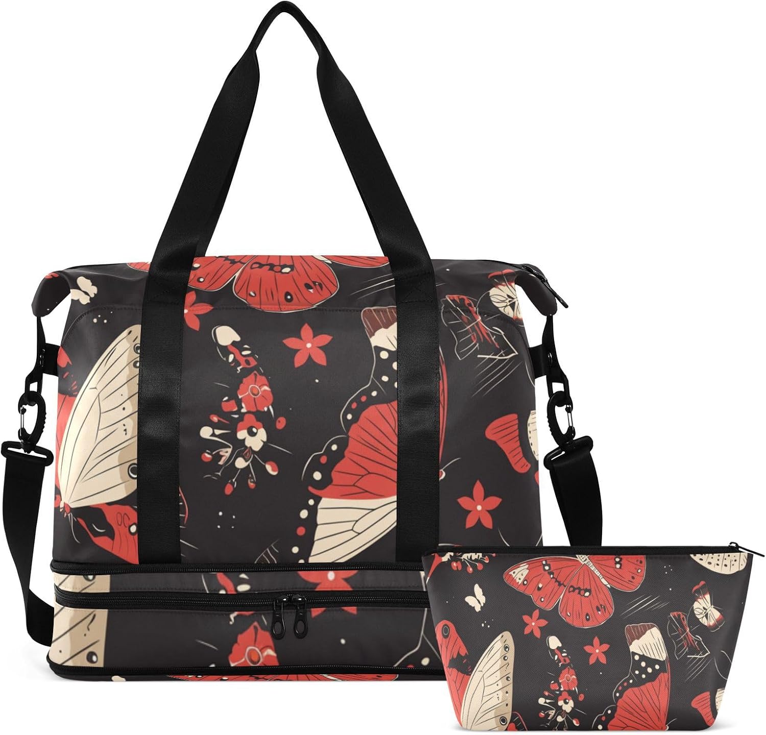 Butterflies Valentine Black Red Large Bag Sports Gym Tote Bag with Toiletry Bag for Airplane Traveling Multifunctional