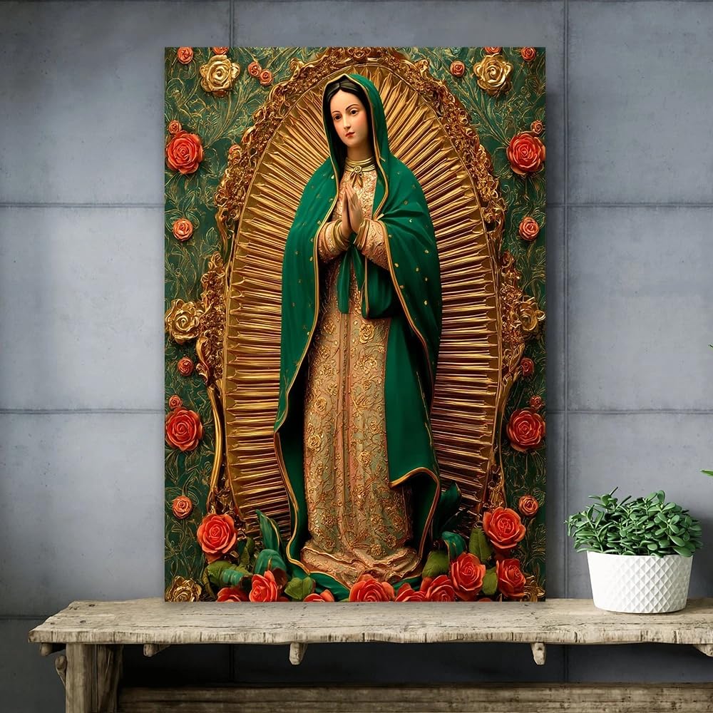 ZHUOYA Obraz na płótnie "Unsere Liebe Frau von Guadalupe" z promienną aureolą, nadruki, zielony płaszcz i różowe róże, obraz religijny (70 x 100 cm)