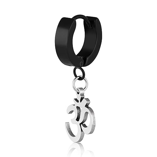 ASMITTA Om of Bali Black Plated Stainless Steel Single Stud Earring for Men, Black and Silver