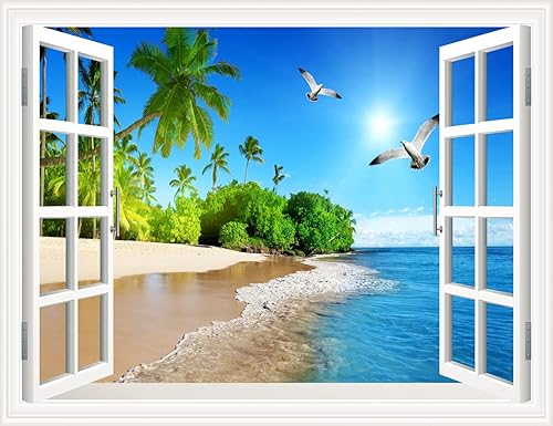 THNWSY Pintura autoadhesiva 3D, calcomanías de pared falsas para ventana, isla tropical con palmeras, mural de pared, vista de ventana, decoración