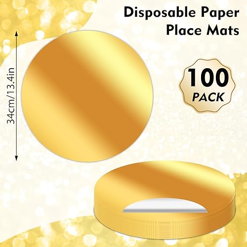 Miniatura 2 de 100 manteles individuales redondos dorados, de 13.3 pulgadas, de papel de espejo de papel desechable, para comedor, boda, mesa, decoración del día
