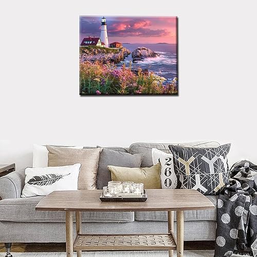 Miniatura 27 de Kit de pintura de luz por números con pinceles, pintura al óleo acrílica de roca junto al mar pacífica para adultos y niños, imágenes de paisajes
