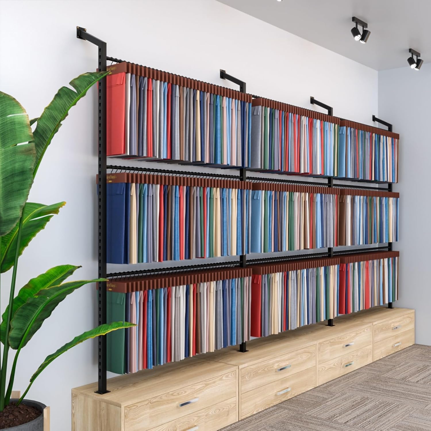 Heavy-Duty Wall-Mounted Fabric Display Rack - Adjustable Steel Rod for Retail Organization, Space-Saving Clothes & Accessories Storage Solution