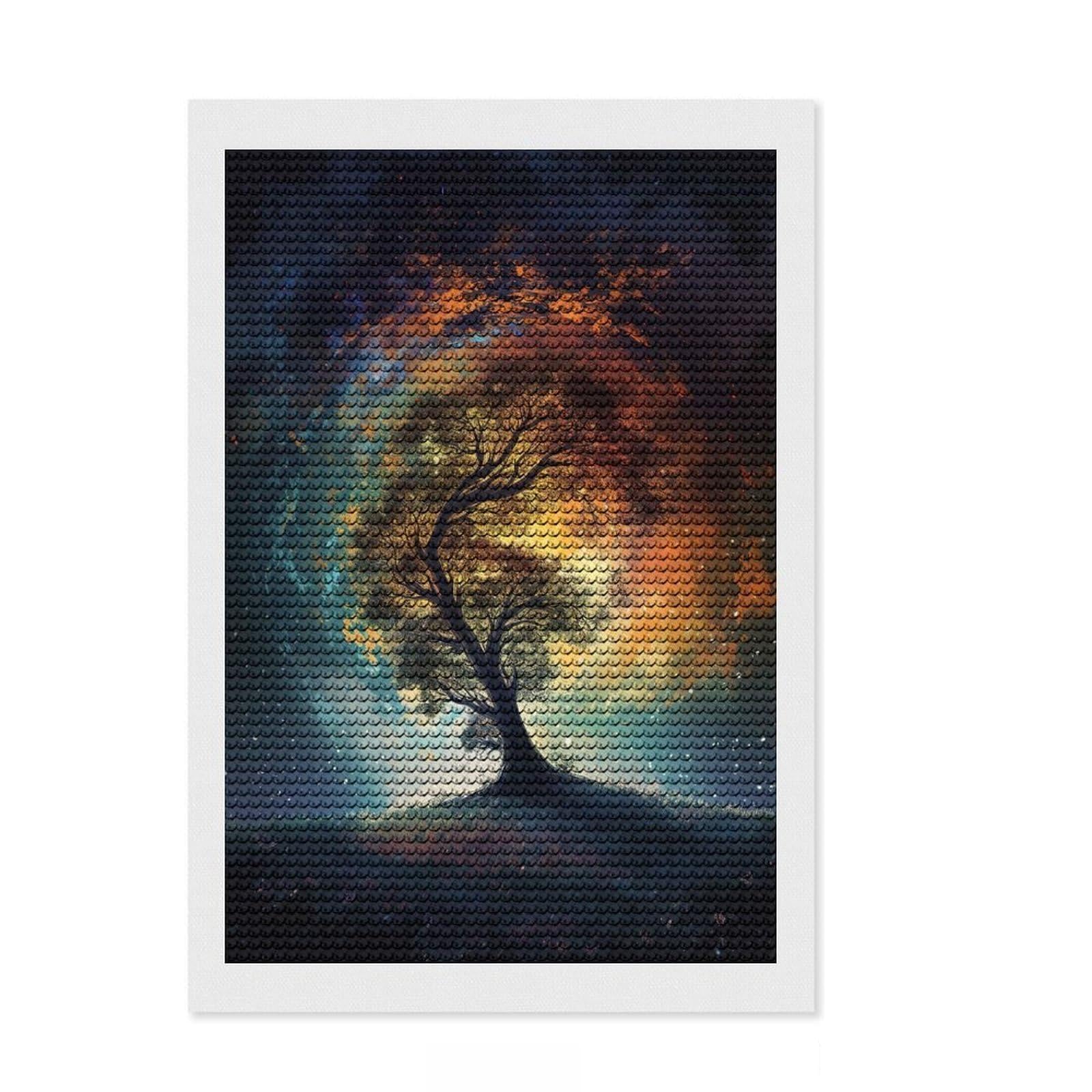 Junmoney A Galaxy Tree Diamond Art Canvas 8"x12", Stress Relief Craft, Neat Printed Canvas, Modern Decor, for Family Craft Time