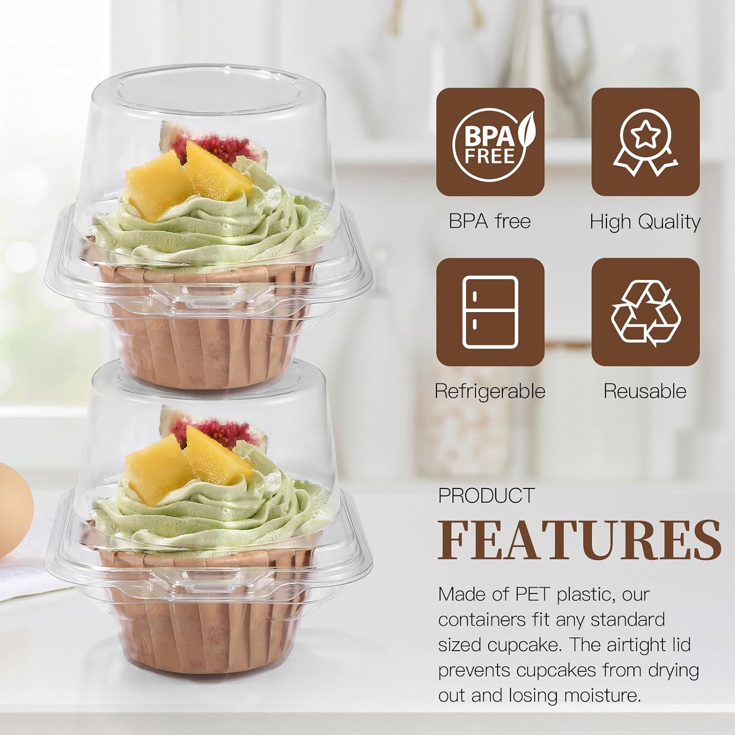 50Pack Individual Cupcake Containers with Clear Dome Lids, Single Cupcake Holder Boxes for Frosted Cupcakes, Bakery-Style Cupcake Carrier for Parties, Bake Sales, School Events