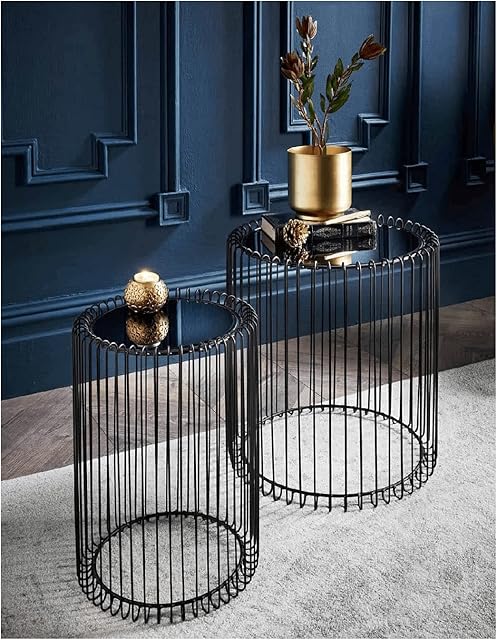 spot on dealz® Nesting Tables Set of 2 Round End Tables Living Room Wire Coffee Table Cage Black Bedside Glass Mirrored Top Caged Side Indoor Furniture