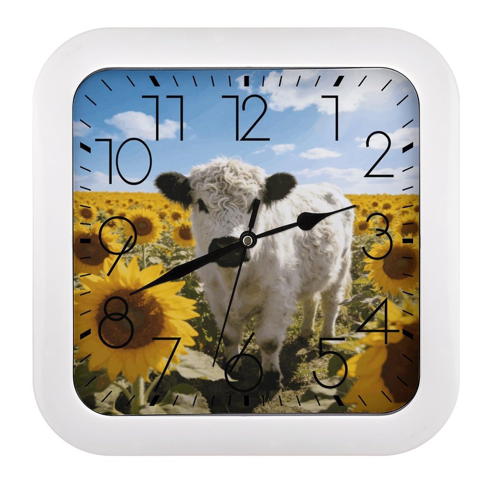 Fodpand Style Western Highland Cow Sunflowers Wall Clock,Battery Operated Modern Retro Rounded Square Clock Clock For Bedroom Living Room Office Home Gym Porch Decor Indoor Outdoor 10.2 * 10.2In