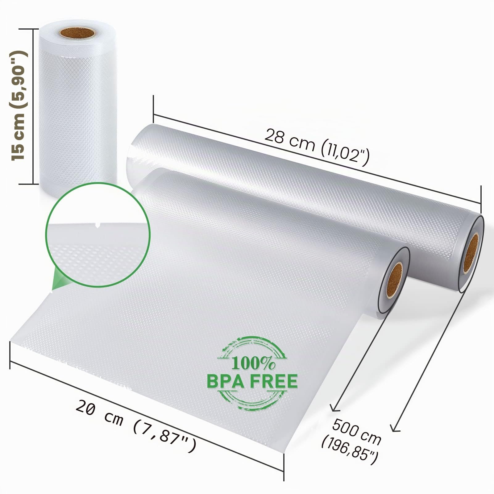 KitchenBoss Rollos Envasadora al Vacio Bolsas Envasar al Vacio Alimentos：Bolsas Vacio Alimentos Bolsas de Envasar Al Vacio para Sous Vide 8 Rollen 15x2/20x2/28x4/x300CM sin BPA