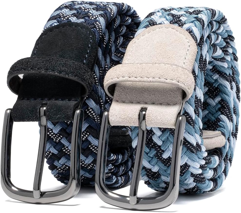 Fabio Valenti Mens Belt, Stretch Canvas Fabric Woven Elastic Multicolored Braided Belts for Golf Casual Pants