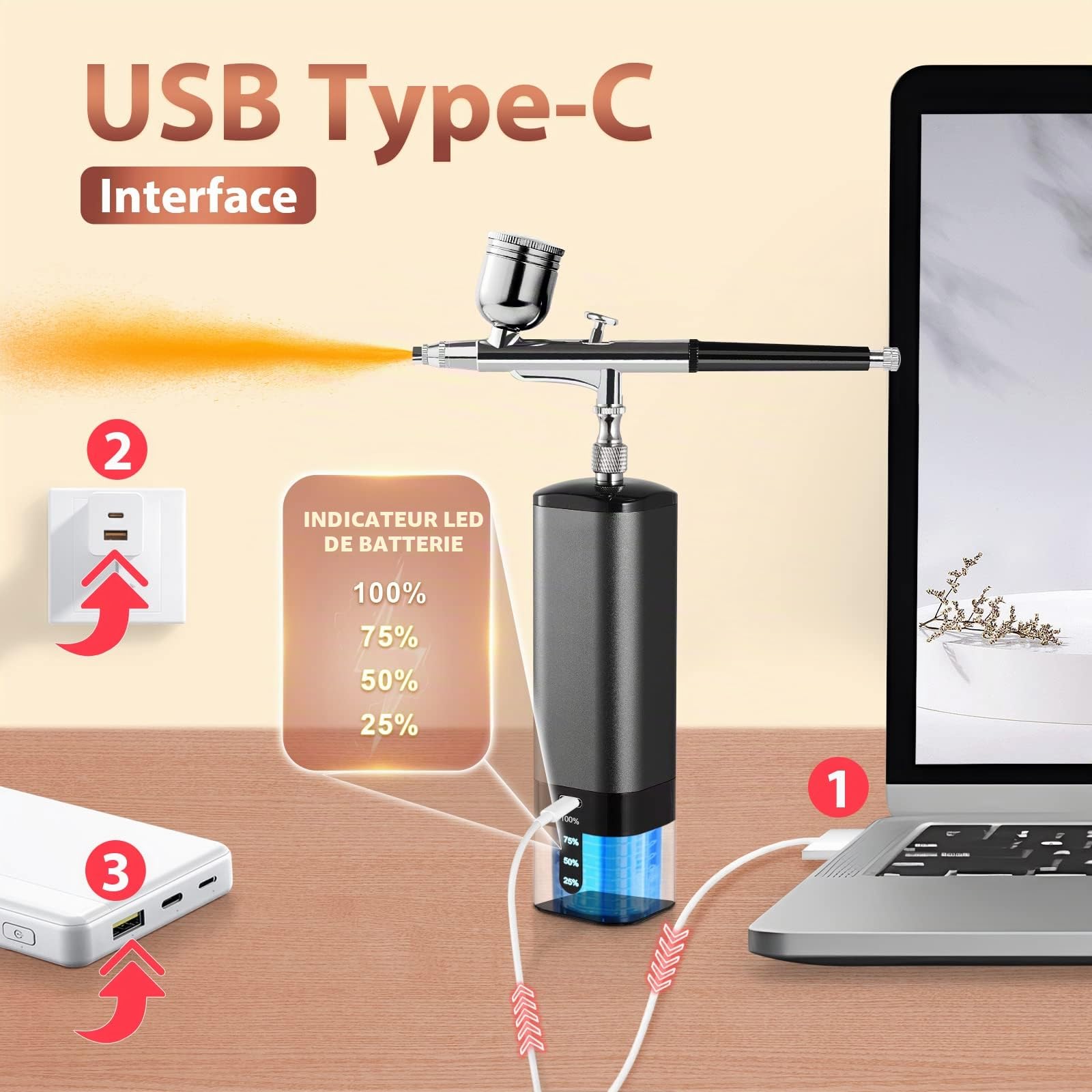 YF YOUFU Kit aérographe sans fil avec compresseur, mini pistolet à air portable 32 PSI haute pression pour peinture, tatouage, nail art, maquillage, gâteau, barbier