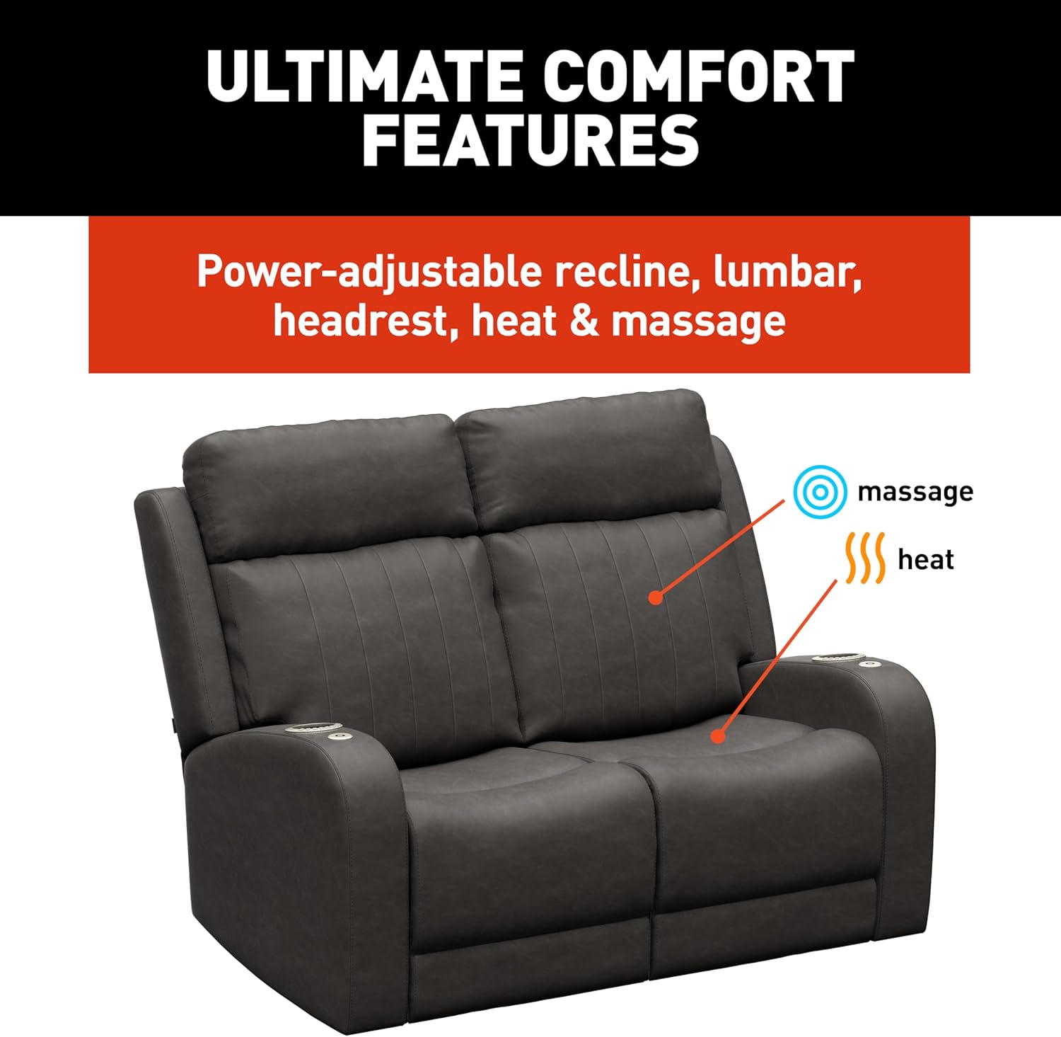 Thomas Payne Signature Seismic Series McCoy RV Theater Seating Loveseat Recliner Set with Power Adjustable Lumbar, Headrest, Reclining, Heating, Massage, Cupholder Controls - 2024117126
