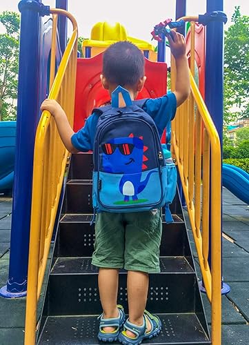 Miniatura 7 de Mochila de viaje preescolar de 11 pulgadas para niños pequeños y pequeños, mochila de viaje con dibujos animados (azul dinosaurio)