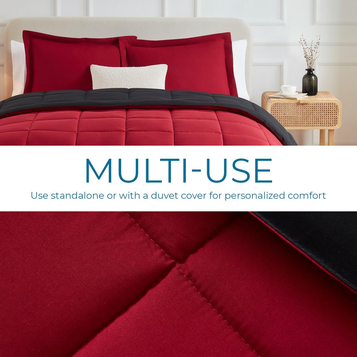 Nestl Comforter Duvet Insert 3 Piece, Quilted Down Alternative Comforter King Size with 2 Pillow Shams, All Season Red/Black Comforter King Duvet Inserts, King Size Comforter with Corner Tabs