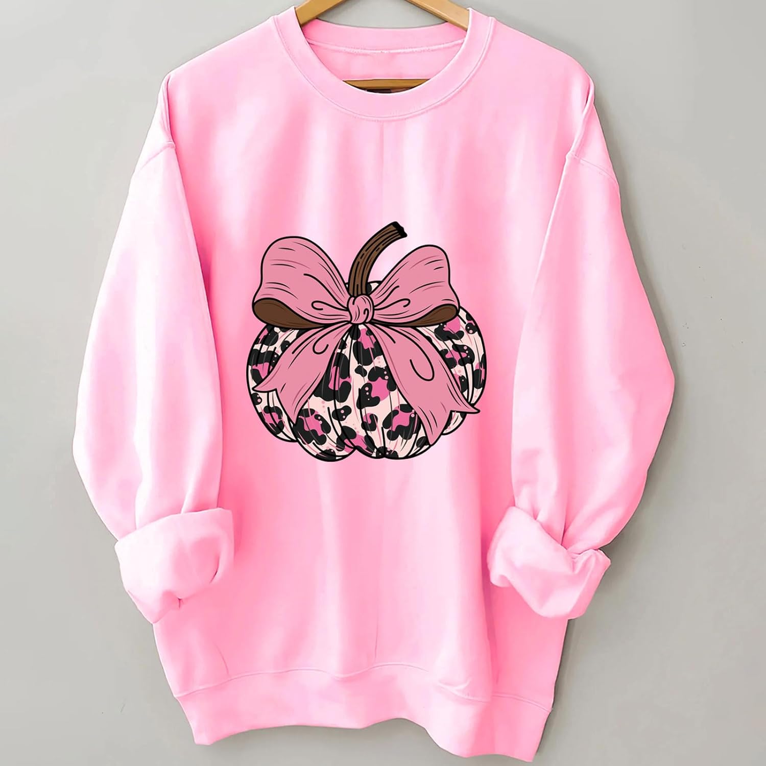 Women's Bowknot Long Sleeve Sweatshirt Leopard Pumpkin Pattern Sweatshirt Loose Crew Neck Casual Pullover Top - Image 2