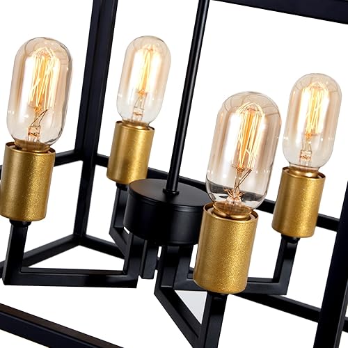 Miniatura 4 de Maxax Lámpara de araña cuadrada moderna, 4 luces colgantes de granja, para isla de cocina, comedor, dormitorio, sala de estar, acabado negro y dorado
