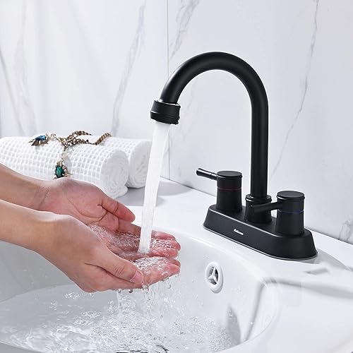 Miniatura 3 de Rainovo - Grifo de baño con desagüe para fregadero emergente, color negro mate, 3 agujeros de acero inoxidable de arco alto, manguera de suministro