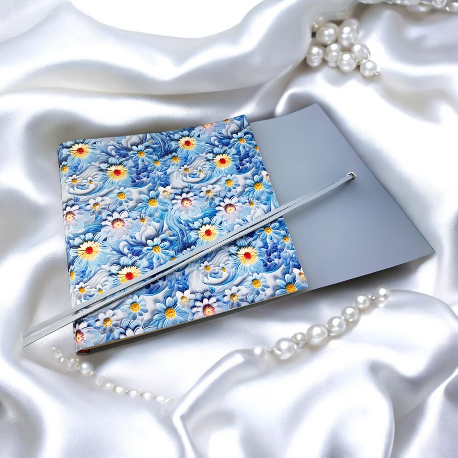 Album fotografico-Double Flower-in tessuto stamp.3D interno in ecopelle LUX personalizzabile,Classico con velina,Matrimonio,Regalo,Wedding,Anniversario (Senza Incisione, Azzurro/Cielo, 23x30)