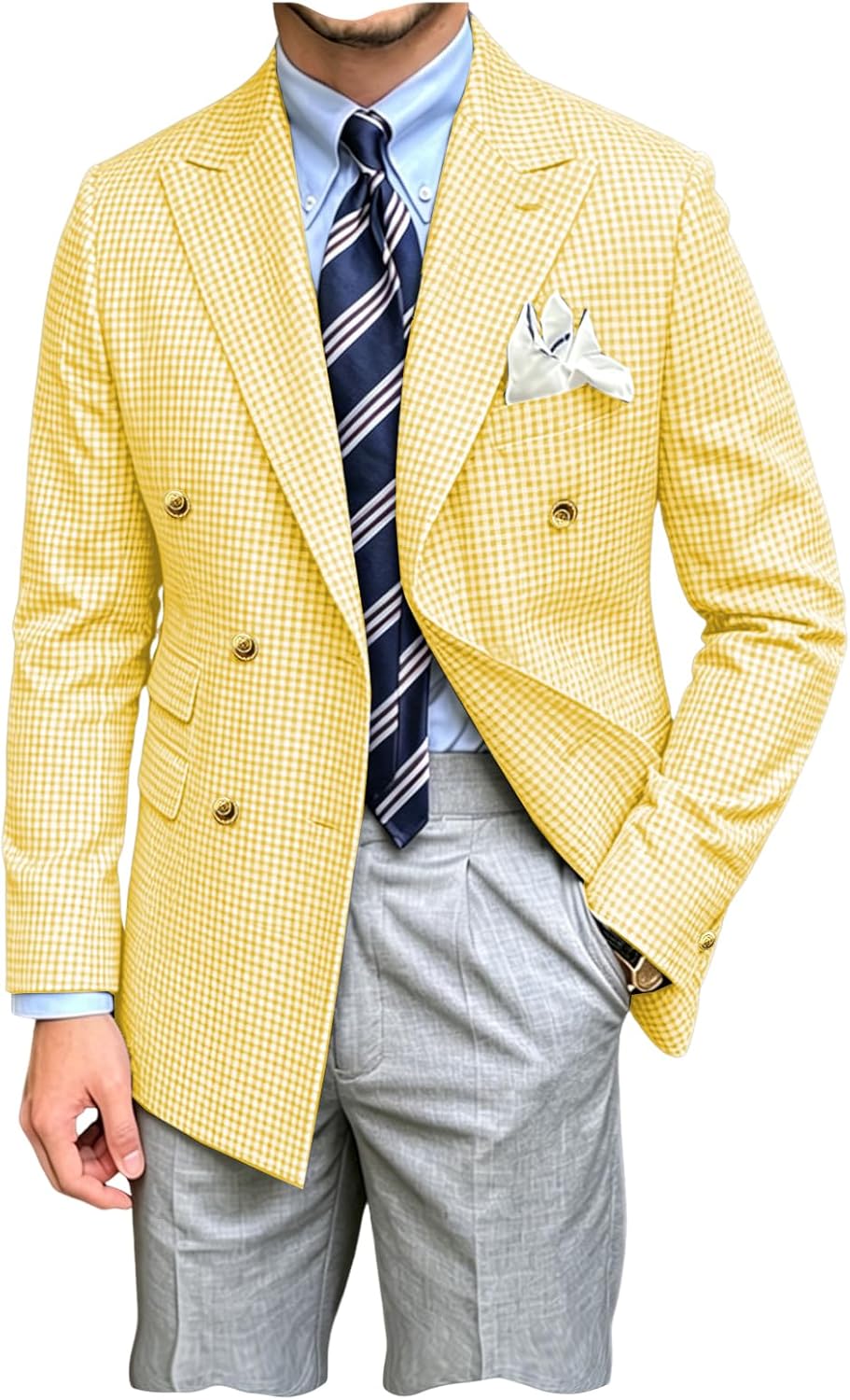 Men's Cotton Blazer Plaid Double Breasted Suit Jacket Lightweight Sports Coat with Metal Buttons & Pocket