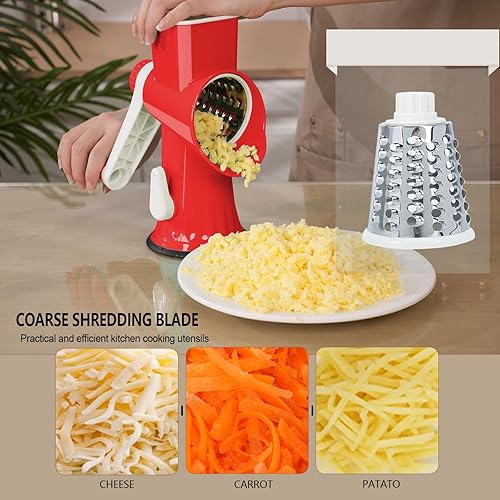 Miniatura 2 de Rallador rotativo de queso con asa, versátil rallador de queso con base de succión antideslizante, triturador de queso y rebanador de alimentos para