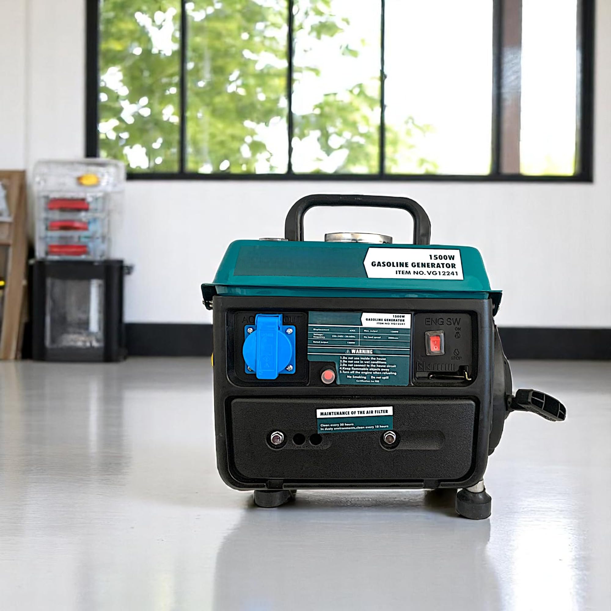 Gruppo Elettrogeno Generatore di Corrente 63CC a 2 Tempi Miscela 1200-1500W 2HP Trasportabile Tensione Nominale 220-240V 3000 Giri/Minuto per Casa, Garage, Officina