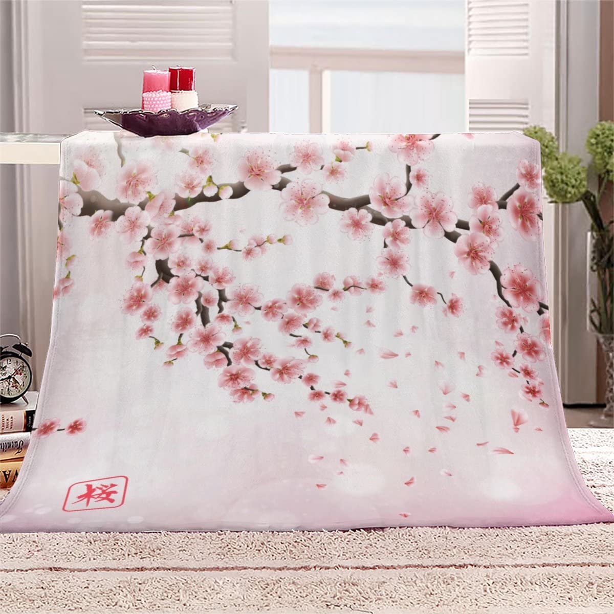 Aolity Throw Blanket Pink Japanese Sakura Flowers Blanket Single Double Bed Microfiber Flannel Blanket Fluffy Soft Winter Summer Throw Blanket 3D Sofa Bed Personalised Flannel Blanket 60 x 79 inches