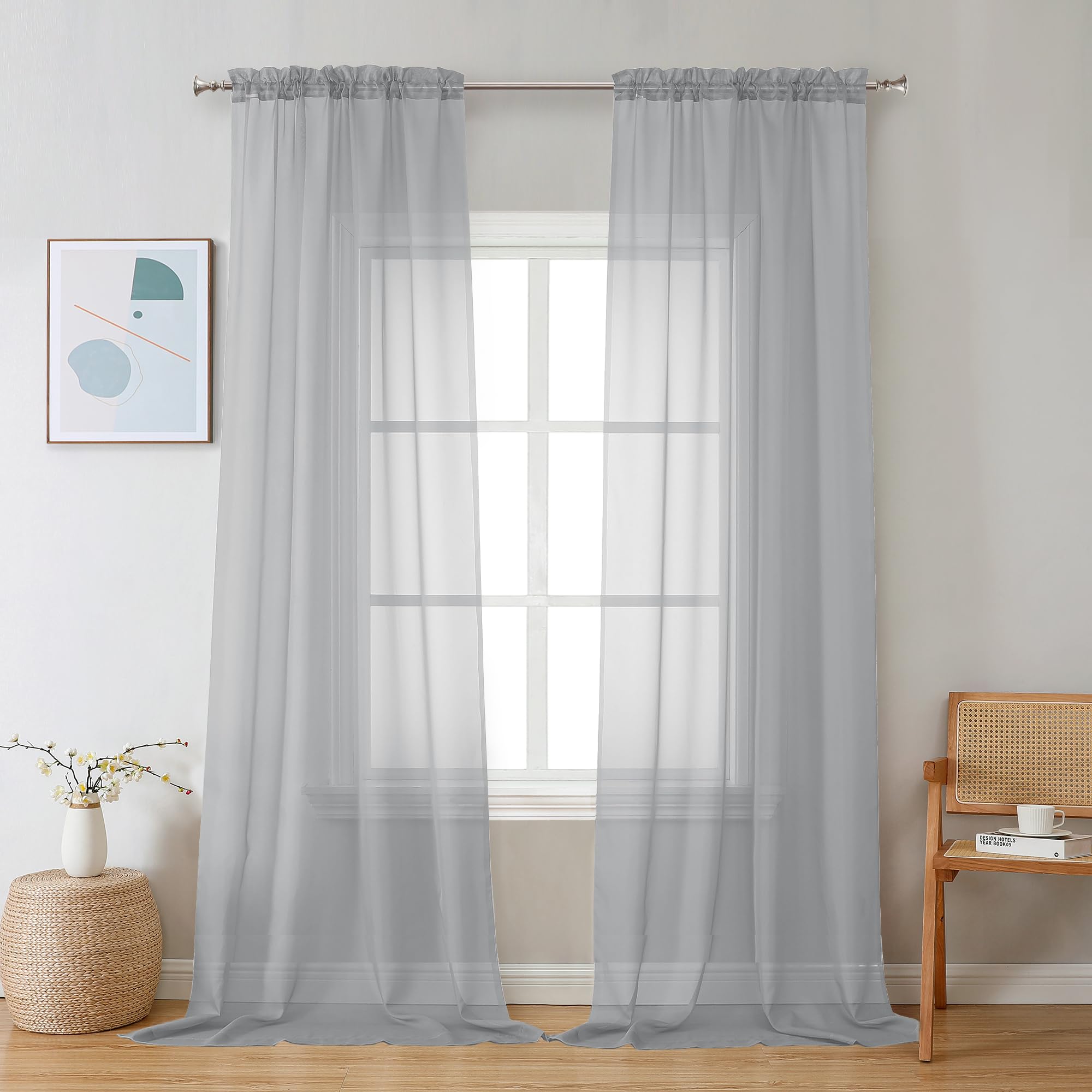 Chyhomenyc Light Grey Sheer Curtains 108 Inches Long - Light Filtering Voile Extra Long Panel Drapes for Floor to Ceiling Window, Elegant Soft Living Room Curtains, Each 42Wx108L Inch, 9FT, 2 Panels โ image 1