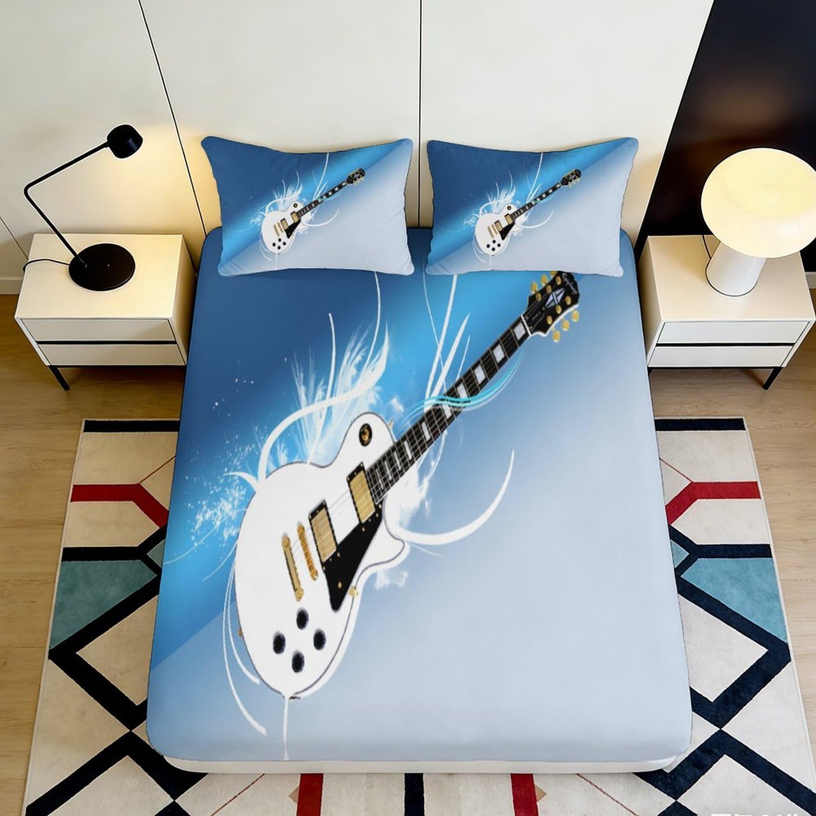 Pnayamiorkfel Style-4 3D Printed Electric Guitar Fitted Sheet Microfiber Blue Musical Art Bed Cover For Bedroom Dorm Mattress Decor 90X200x25cm