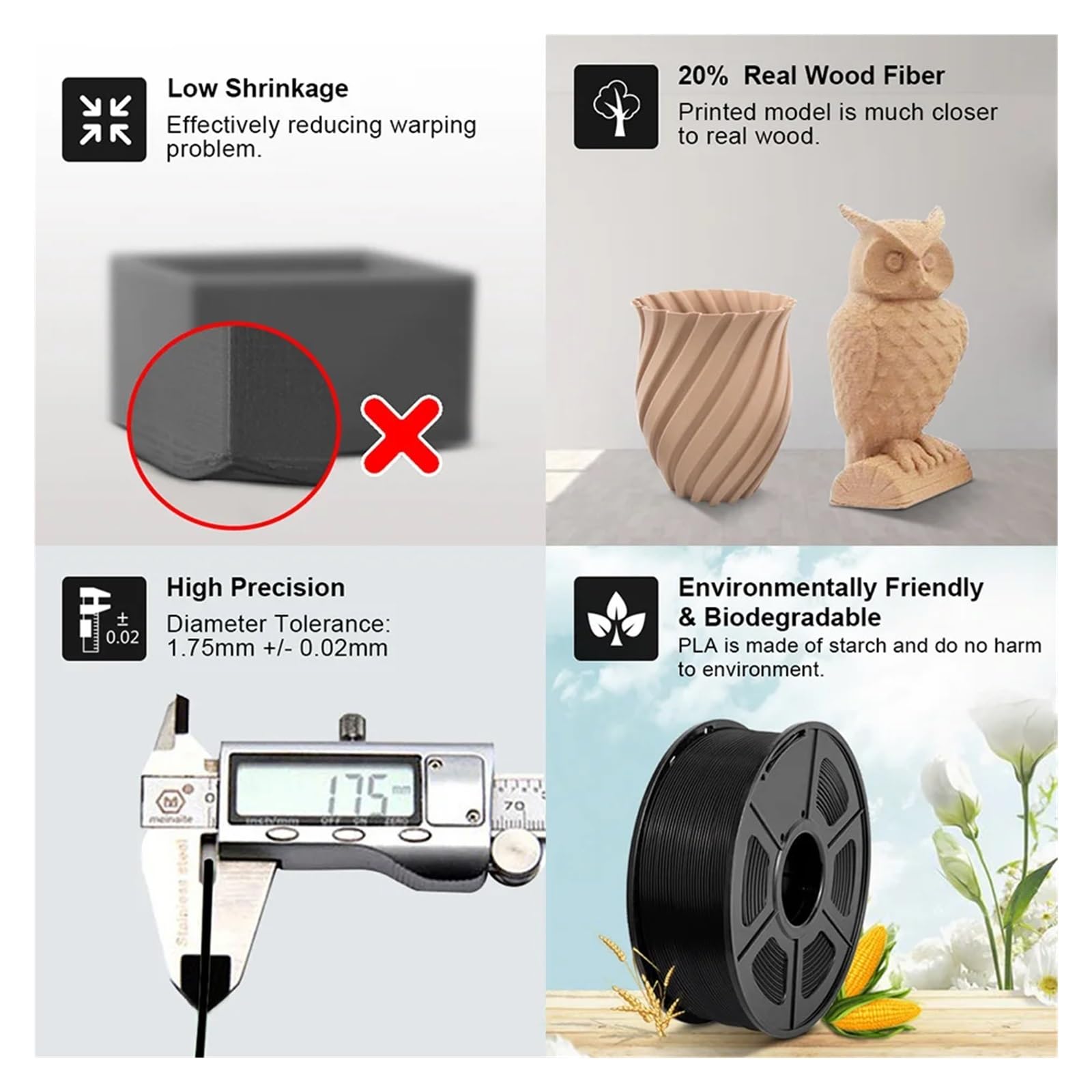 3D Drucker Filament, HOLZ 1 kg PLA-Filament, 1,75 mm, keine Blasen, keine Knoten, biologisch abbaubarer Druck, Ornament, Baum, Kunstwerk, Holz, realistisch
