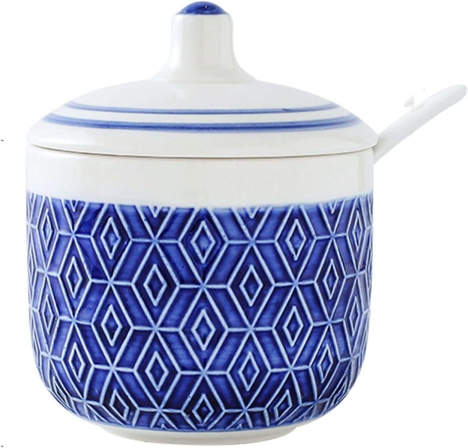 Sugar bowl,Sugar Bowl,Nordic Sugar Bowl with Lid, Colorful Embossed Lattice Storage Jar, Solid Color Porcelain Sugar Pot, Salt Pot, for Coffee Bar, Restaurant(Blue White)