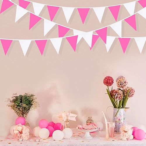 Vista 27 de Banderín rojo y blanco de 32 pies, banderines de tela triangular, guirnalda de banderines para boda, compromiso, despedida de soltera, aniversario