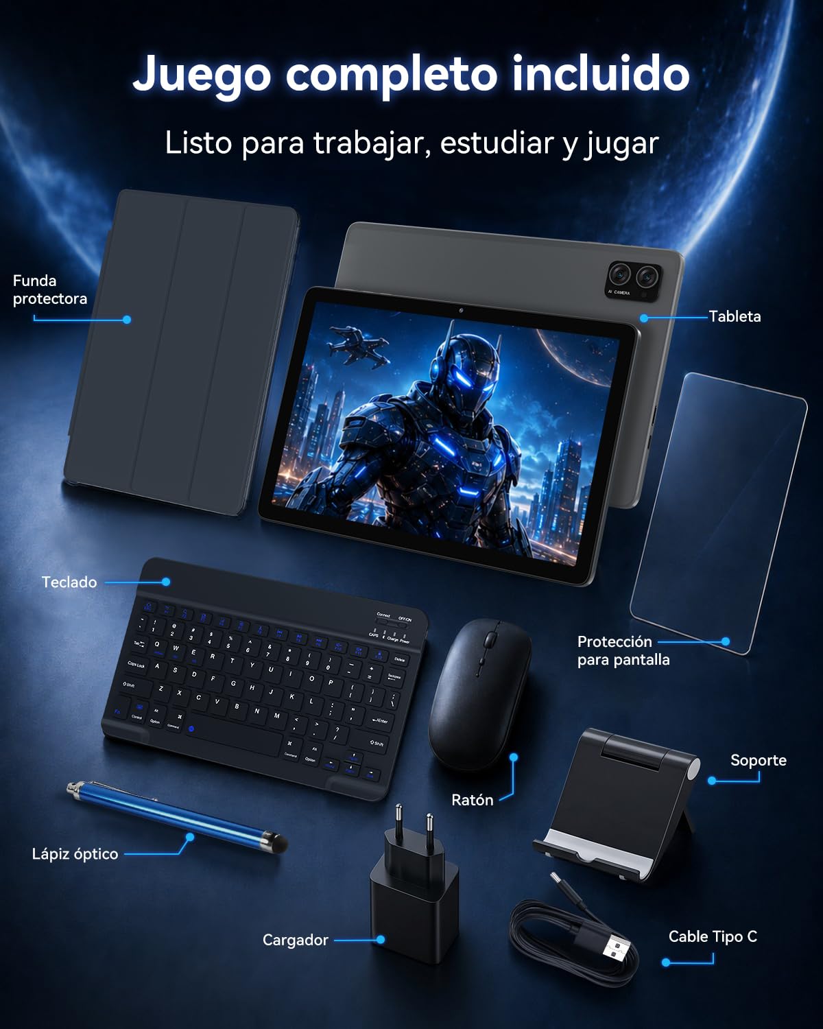 TABWEE Tablet Android 16 con Teclado, 24 GB RAM+ 256 GB ROM (4 TB TF) | Tablet para Gaming, Octa-core, Gemini AI, Tablet 10 Pulgadas, Widevine L1, 8MP+5MP, Face ID, GPS (Garantía de 4 Años)