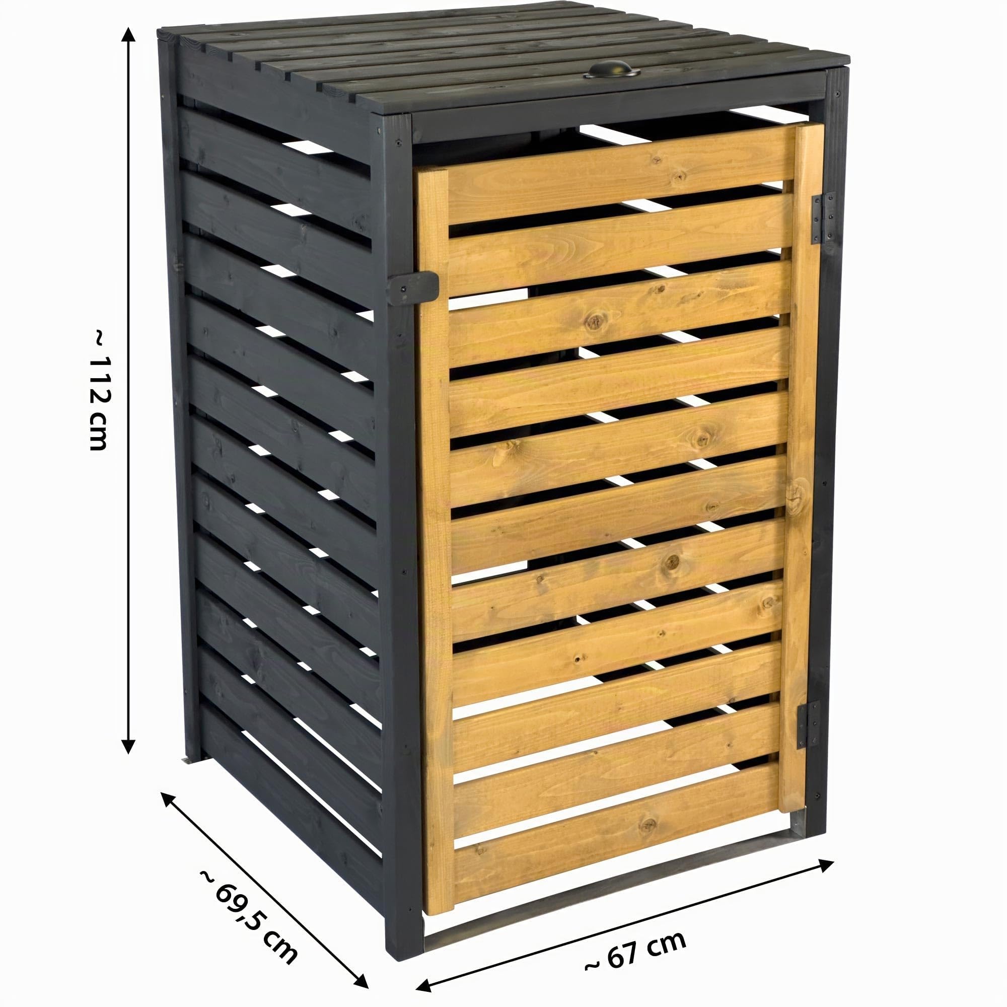 dobar® Green Label Mülltonnenverkleidung 1er 120 L aus Holz in Braun-Schwarz als Bausatz - Mülltonnenbox mit Deckel und Schwingtür zweifarbig - 67 x 64 x 94 cm