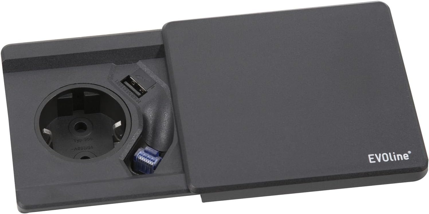 Schulte, EVOline Square 80 Schuko with USB E Qi Charger Plus RJ45 data cable, 1 piece, black, 1592 7000 0500