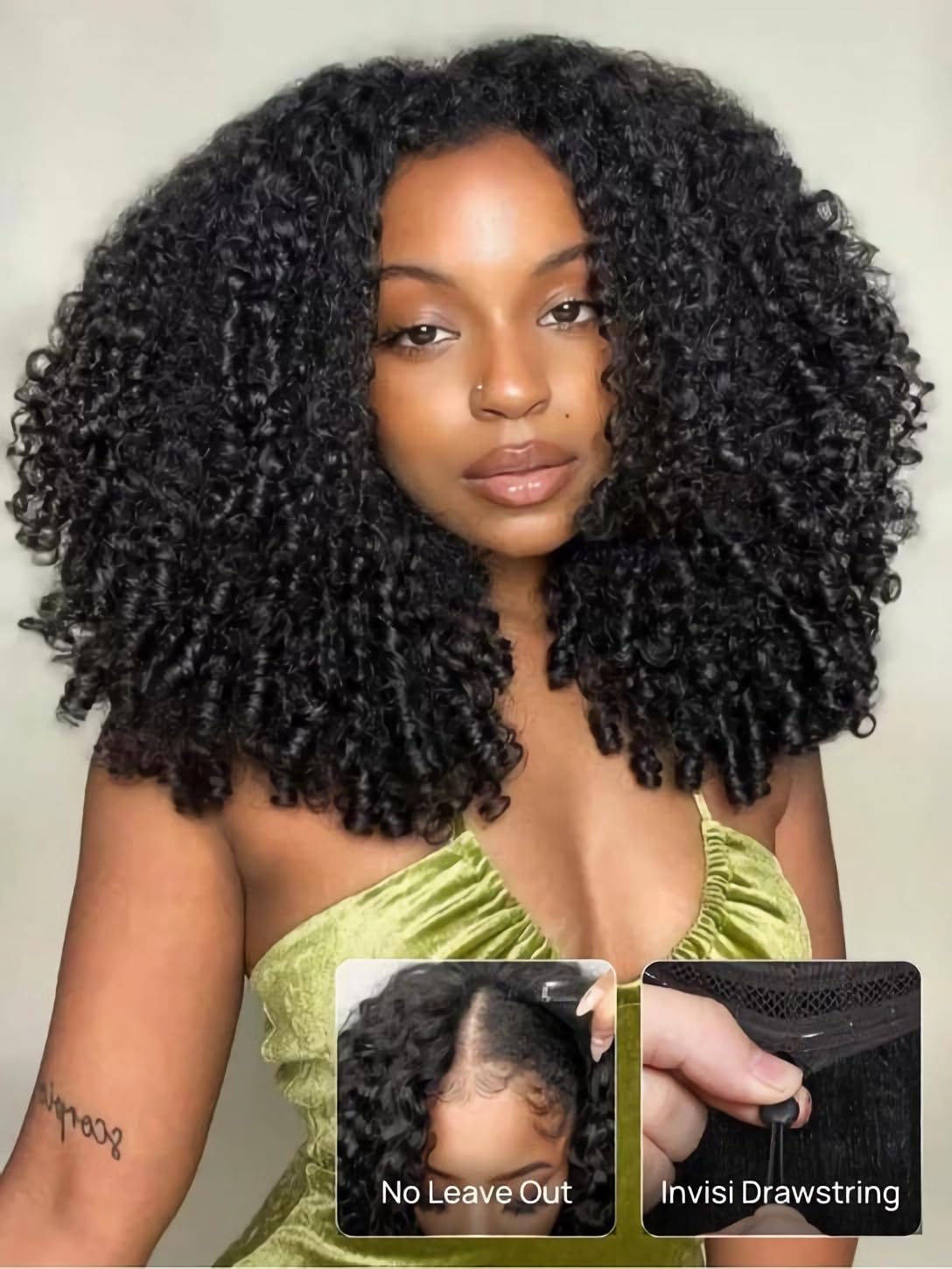 Julia Hair V Part Wig Human Hair Curly Wig with Finger Coil Ends Glueless V Shape Wig Afro Curly Wigs with Drawstring Upgrade U Part No Leave Out Half Wig For Women Natural Scalp 24 Inch