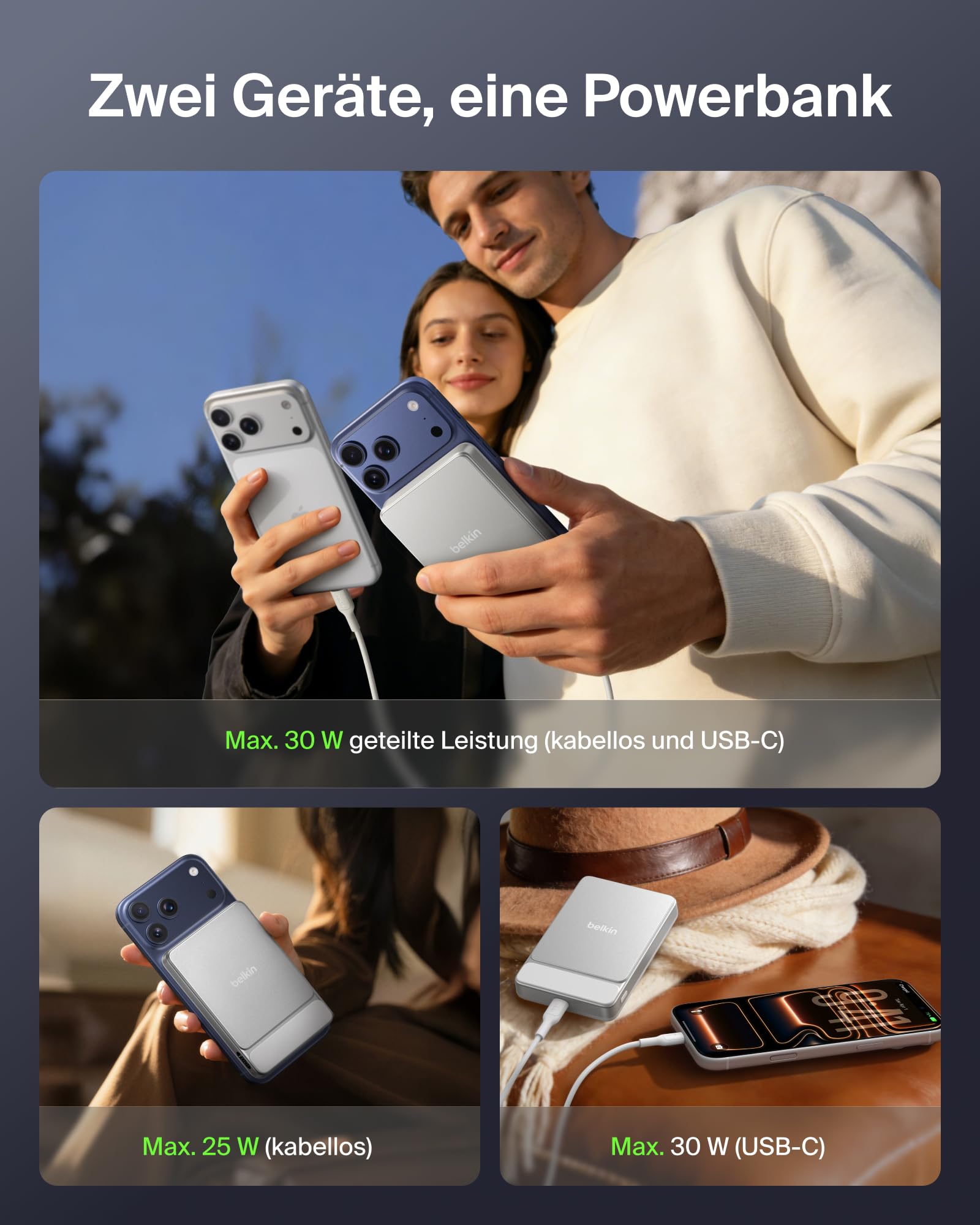 Belkin UltraCharge 10000mAh Magnetische Power Bank, USB-C Port – Weiß | 10K Powerbank Kabellos, Dünn, Qi2-zertifiziert, 25W, Magnetring, USB C Port, Bereits Geladen, Kabel, Geeignet für Flugreisen