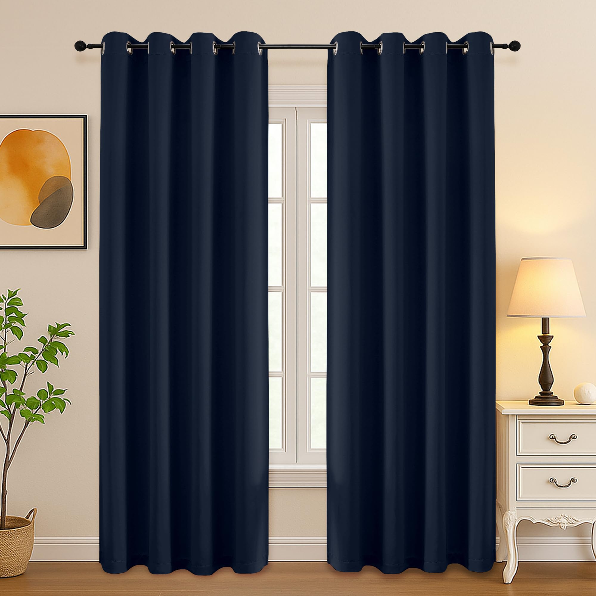 Simplebrand Navy Blue Room Darkening Curtains for Bedroom Living Room 84 Inch Length 2 Panels Set, Thermal Insulated Curtains &amp; Drapes, Solid Grommet Noise Reducing Window Treatment, W50 x L84 Inch
