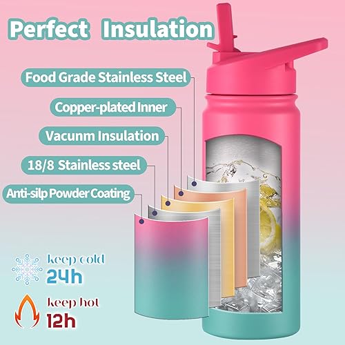 Miniatura 7 de Mininoo Botella de agua para niños, botella de agua aislada de acero inoxidable de 16 onzas para niños con tapa con popote, a prueba de fugas