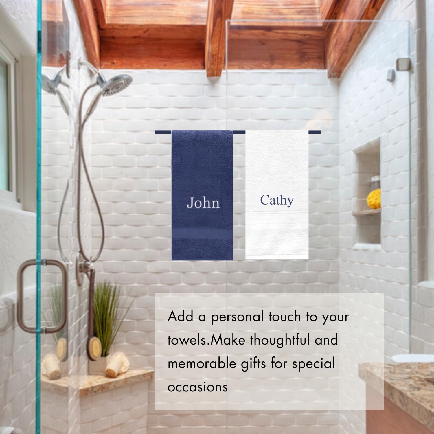 Shape28 Custom Name Towels Set of Two 27"x54" Personalized Gift, Great for Spa, Gym, Drom (White/Navy) - Image 6